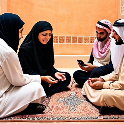 Home 11 **Prompt 1: Breaking Barriers and Connecting in Arab Mental Health**
"A vibrant, hopeful image showcasing diverse individuals from the Arab world connecting to mental health support through technology. People of varying ages are seen interacting with smartphones and tablets, which display screens of tele-therapy sessions, guided meditation apps, and supportive community forums. Subtle digital pathways or glowing lines bridge distances between them, symbolizing how technology breaks geographical and social barriers. The background subtly incorporates modern Arabic architectural elements and warm, inviting colors, emphasizing accessibility and comfort. The overall mood is one of connection, relief, and reduced stigma, with realistic detail and soft, comforting lighting."