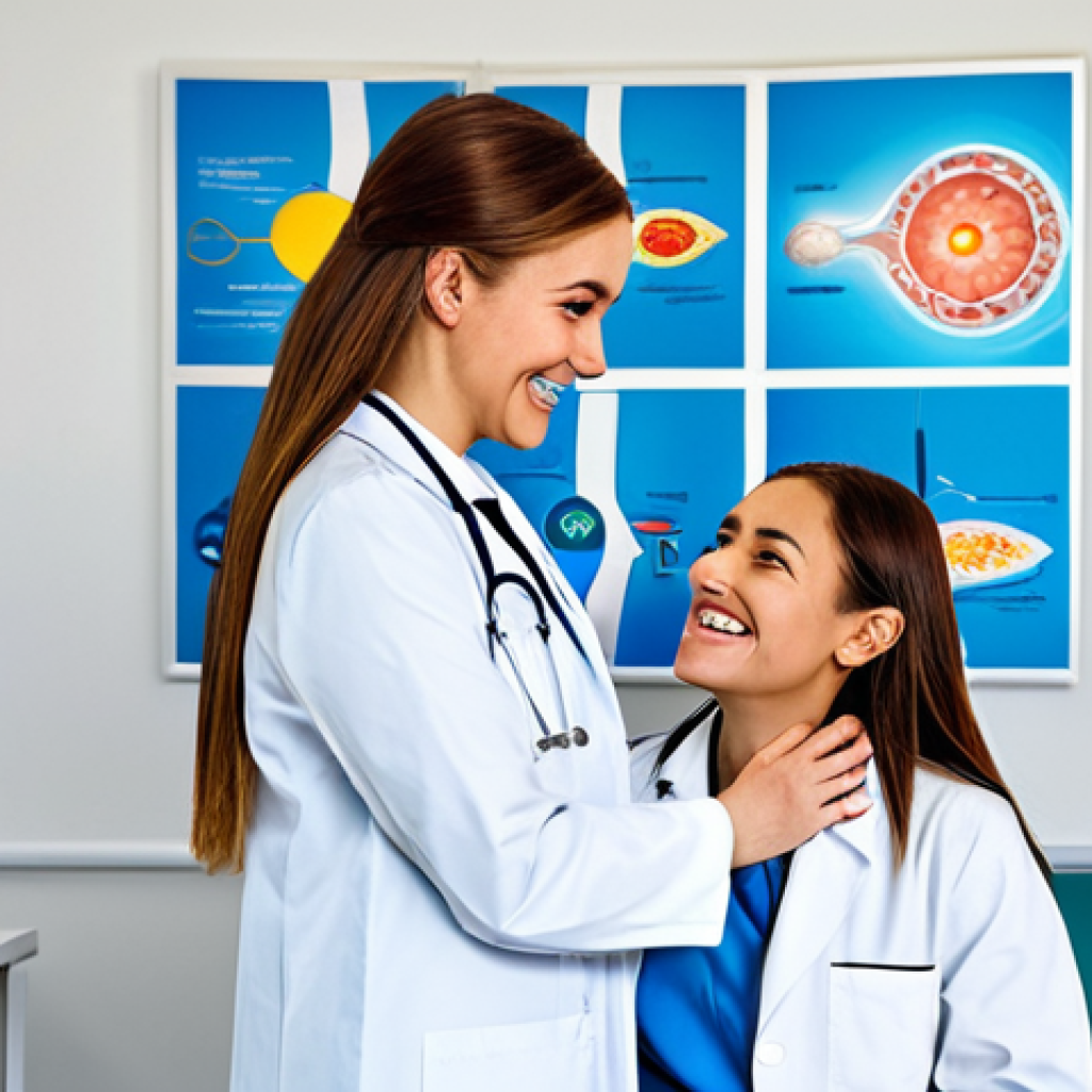 **
"A professional female doctor, fully clothed in a modest lab coat, smiling warmly at a young female patient (also fully clothed) in a bright, modern clinic. The scene is welcoming and reassuring, with colorful posters about health on the walls. Safe for work, appropriate content, professional setting, perfect anatomy, natural proportions, high quality."
**