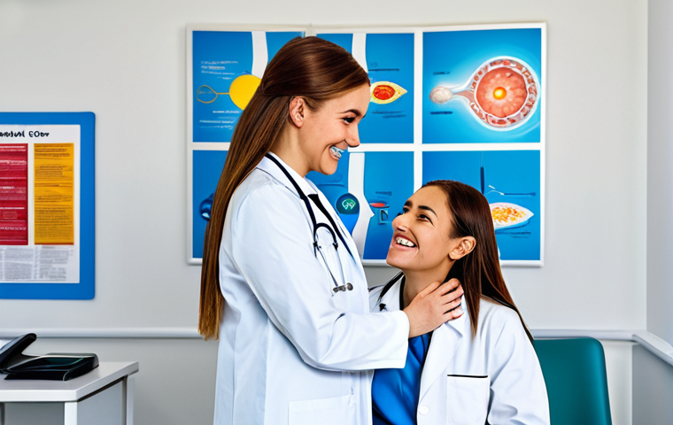 **
"A professional female doctor, fully clothed in a modest lab coat, smiling warmly at a young female patient (also fully clothed) in a bright, modern clinic. The scene is welcoming and reassuring, with colorful posters about health on the walls. Safe for work, appropriate content, professional setting, perfect anatomy, natural proportions, high quality."
**
