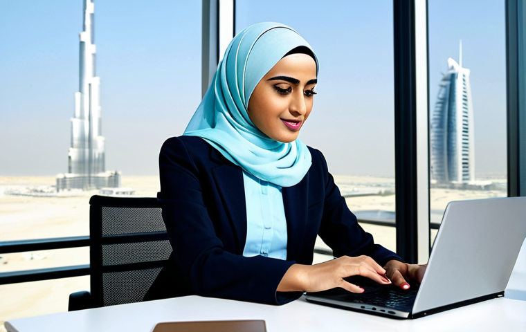 Modern Arab Professional**

"A successful businesswoman in a stylish, modest hijab and professional attire, working on a laptop in a bright, modern office in Dubai, United Arab Emirates. Burj Khalifa visible in the background. Fully clothed, appropriate content, safe for work, perfect anatomy, natural proportions, professional."

**