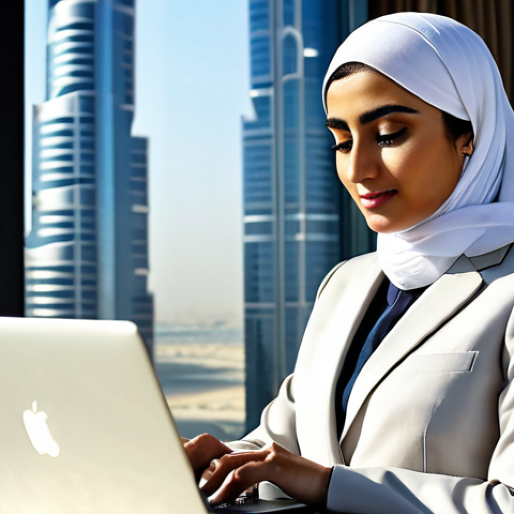 **

"A professional Arab woman, fully clothed in a modest, stylish business suit with hijab, working on a laptop in a modern, sunlit office in Dubai. Burj Khalifa visible in the background.  Safe for work, appropriate content, perfect anatomy, well-formed hands, professional, high-resolution photograph, natural lighting."

**