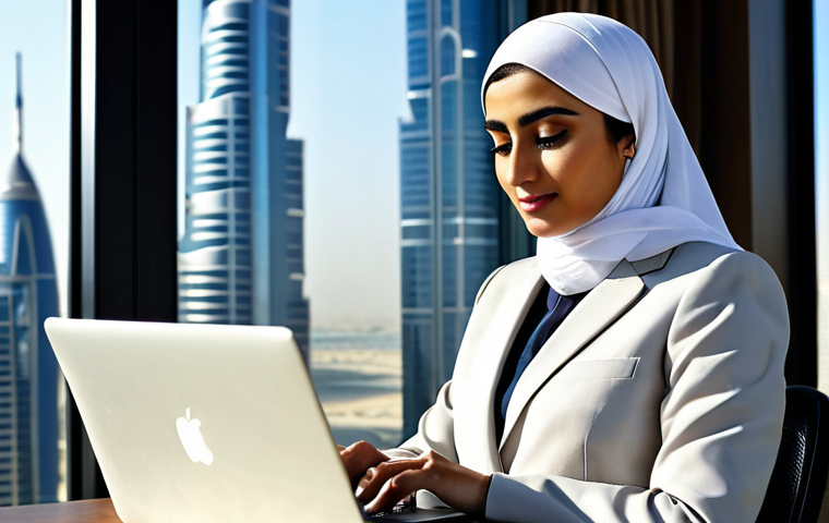 **
"A professional Arab woman, fully clothed in a modest, stylish business suit with hijab, working on a laptop in a modern, sunlit office in Dubai. Burj Khalifa visible in the background. Safe for work, appropriate content, perfect anatomy, well-formed hands, professional, high-resolution photograph, natural lighting."
**