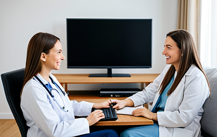 정신건강 관리의 디지털 전환 과정 - Telehealth Consultation**
"A professional female doctor in modest attire is conducting a video call...