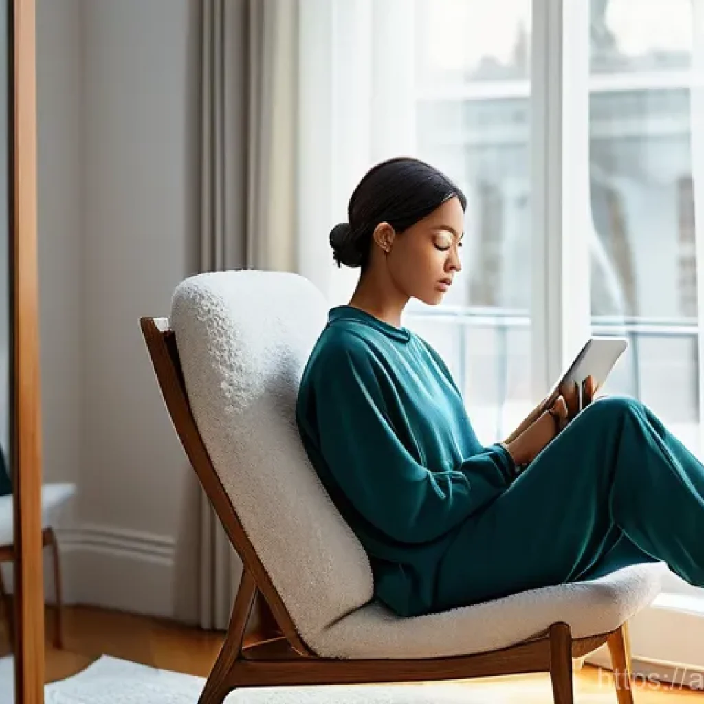 정신건강 테크의 사용자 지속성 연구 - **Prompt 1: The Personal Wellness Journey**
"A young adult, wearing comfortable yet modest loung...