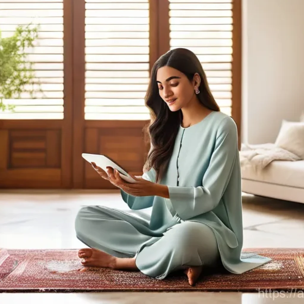 정신건강과 테크의 융합 기회와 도전 - **Prompt:** A serene, sunlit living room in a modern Arabic home, featuring elegant, modest furnishi...