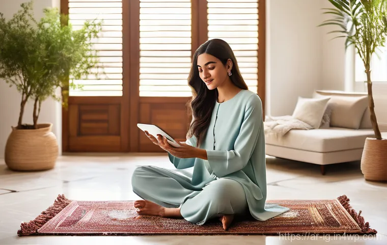 정신건강과 테크의 융합 기회와 도전 - **Prompt:** A serene, sunlit living room in a modern Arabic home, featuring elegant, modest furnishi...
