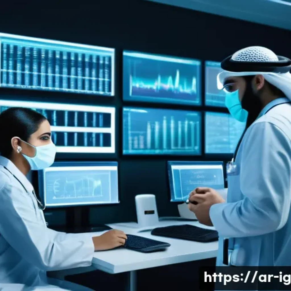 정신건강 관련 데이터의 윤리적 사용 - A professional digital healthcare environment scene featuring diverse Middle Eastern medical staff w...