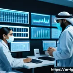 Home 21 정신건강 관련 데이터의 윤리적 사용 - A professional digital healthcare environment scene featuring diverse Middle Eastern medical staff w...