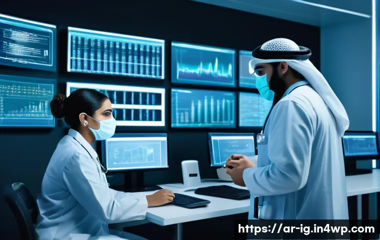 정신건강 관련 데이터의 윤리적 사용 - A professional digital healthcare environment scene featuring diverse Middle Eastern medical staff w...