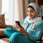 Home 20 정신건강 테크의 트렌드 및 발전 방향 - A modern Middle Eastern woman using a smartphone app for mental health support, sitting comfortably ...