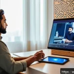 Home 19 정신건강 테크의 글로벌 사례 비교 - A modern digital therapy session scene set in a cozy, warmly lit room with an Arabic male psychologi...