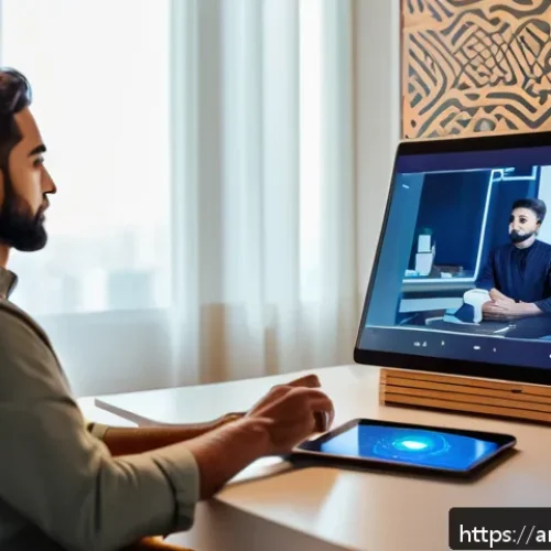 Home 31 정신건강 테크의 글로벌 사례 비교 - A modern digital therapy session scene set in a cozy, warmly lit room with an Arabic male psychologi...