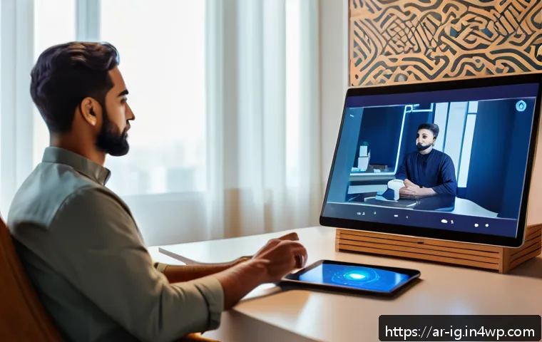 정신건강 테크의 글로벌 사례 비교 - A modern digital therapy session scene set in a cozy, warmly lit room with an Arabic male psychologi...