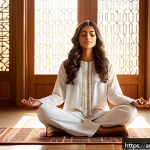 Home 18 정신건강 관리의 새로운 패러다임 제시 - A serene Middle Eastern woman practicing mindfulness meditation in a sunlit room decorated with trad...