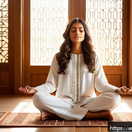 Home 30 정신건강 관리의 새로운 패러다임 제시 - A serene Middle Eastern woman practicing mindfulness meditation in a sunlit room decorated with trad...