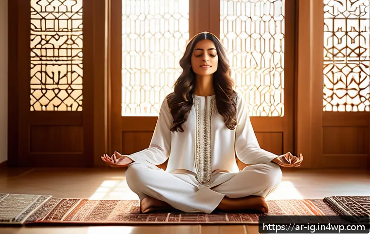 정신건강 관리의 새로운 패러다임 제시 - A serene Middle Eastern woman practicing mindfulness meditation in a sunlit room decorated with trad...