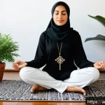 Home 23 정신건강 테크의 심리적 영향 연구 - A serene Middle Eastern woman wearing comfortable modest clothing, sitting cross-legged on a traditi...