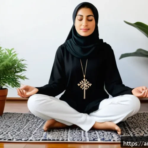 Home 17 정신건강 테크의 심리적 영향 연구 - A serene Middle Eastern woman wearing comfortable modest clothing, sitting cross-legged on a traditi...