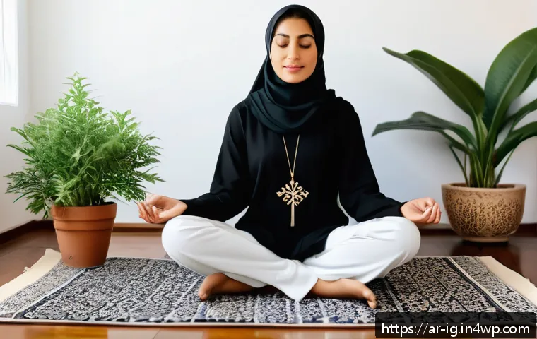 정신건강 테크의 심리적 영향 연구 - A serene Middle Eastern woman wearing comfortable modest clothing, sitting cross-legged on a traditi...